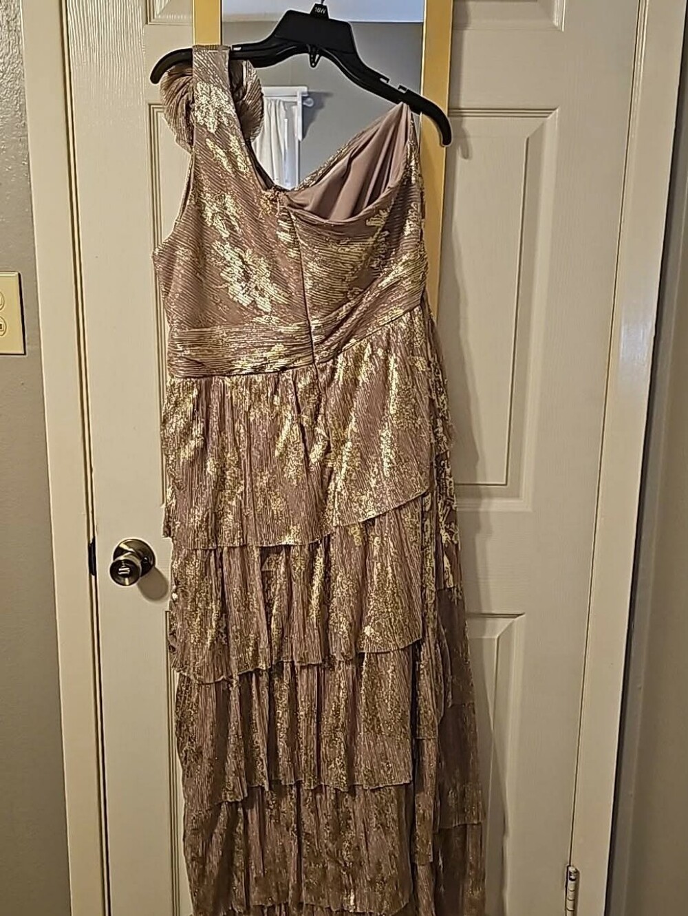 R&M Richards Taupe and Gold One-Shoulder Tiered Evening Gown - Picture 2 of 4